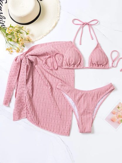 Women's Two Piece Swimsuit Bathing Suit Solid Color Drawstring Side Halter Neck Tankini Set