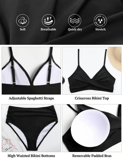 Women's High Waisted Bikini Sets Two Piece Swimsuit Tummy Control Bathing Suit V Neck Swimwear 2025 Swim Suit