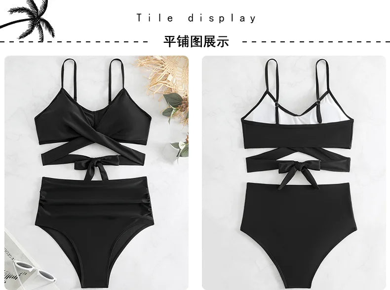 Women's High Waisted Bikini Sets Sporty Two Piece Swimsuits Color Block Cheeky High Cut Bathing Suits