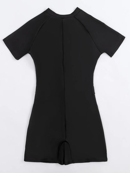 Women Rash Guard Short Sleeve Shirts Boyleg One Piece Swimsuit Surfing Bathing Suit UPF 50 Front Zip Surf Wetsuit