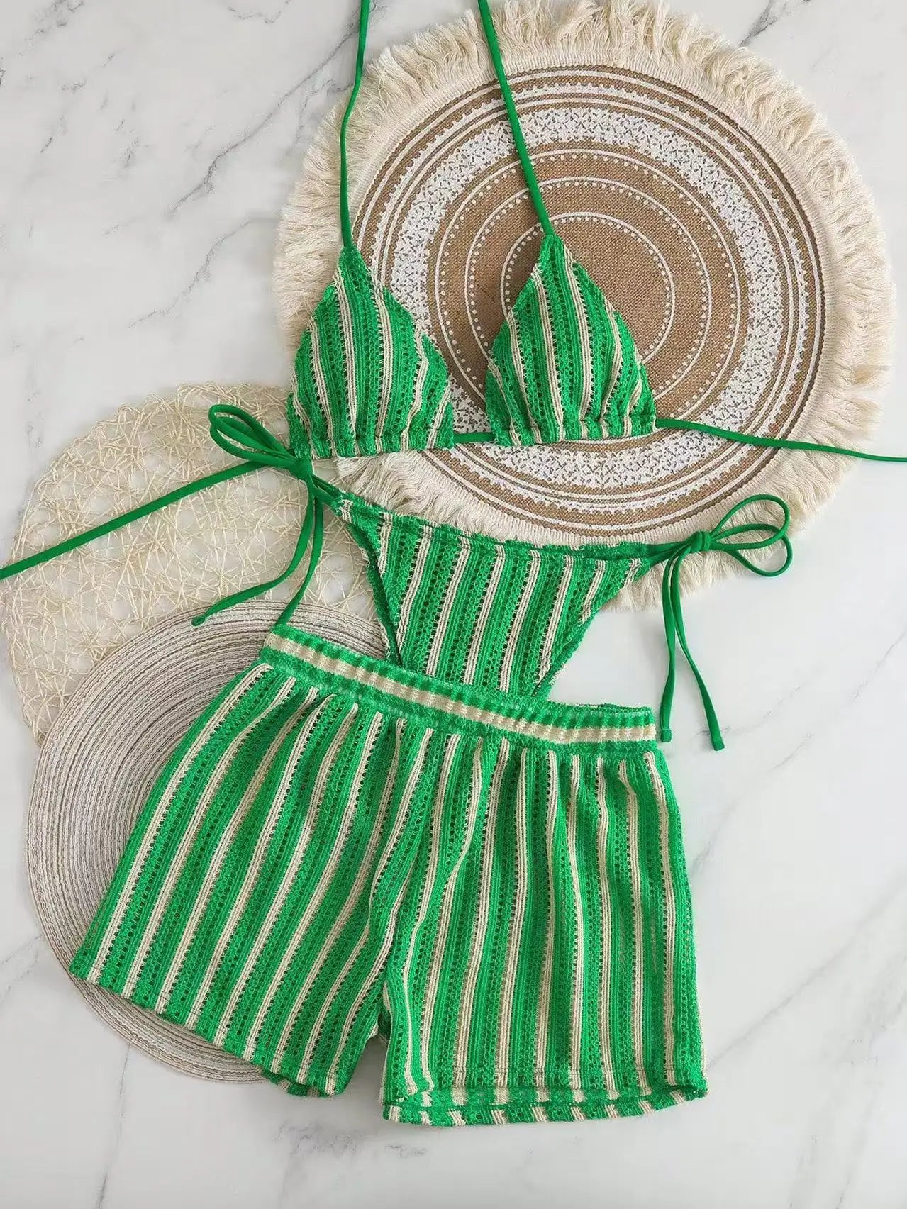 3pcs/Set Bohemian Style Crochet Fabric Drawstring Swimsuit Cover Up Bikini Set For Summer Beach Vacation