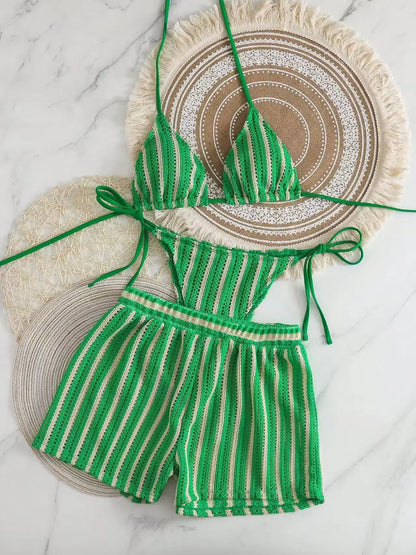 3pcs/Set Bohemian Style Crochet Fabric Drawstring Swimsuit Cover Up Bikini Set For Summer Beach Vacation