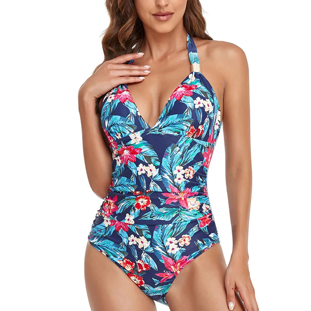 Women's One Piece Swimsuits Tummy Control Bathing Suits V Neck Halter Push Up Ruched Slimming Swimwear