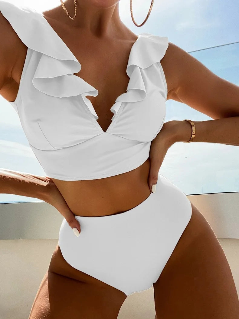 Women's High Waisted Bikini Sets V Neck Ruffle Two Piece Swimsuits Push Up Bathing Suits