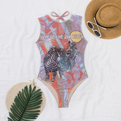 Women's Retro Print Scoop Neck Sleeveless One Piece Swimsuits High Cut Bathing Suits Swimwear Bodysuit