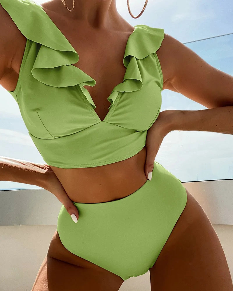 Women's High Waisted Bikini Sets V Neck Ruffle Two Piece Swimsuits Push Up Bathing Suits
