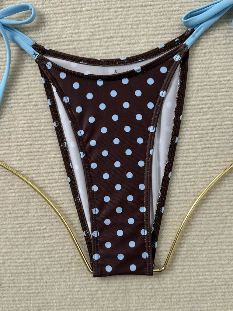 New Spring Summer Women'S Polka Dot Printed Bow V-Neck Backless Triangle Bikini 3pcs Set