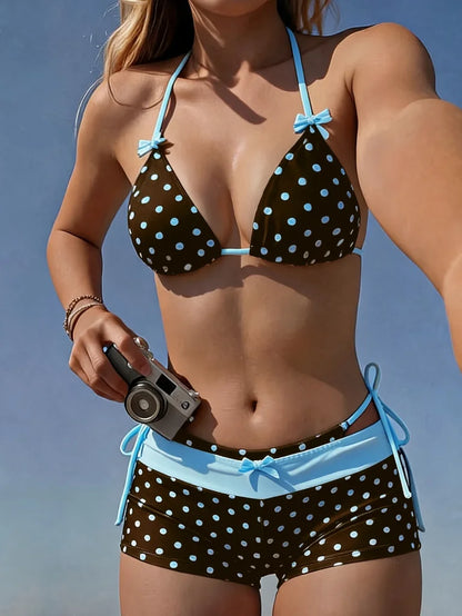 New Spring Summer Women'S Polka Dot Printed Bow V-Neck Backless Triangle Bikini 3pcs Set