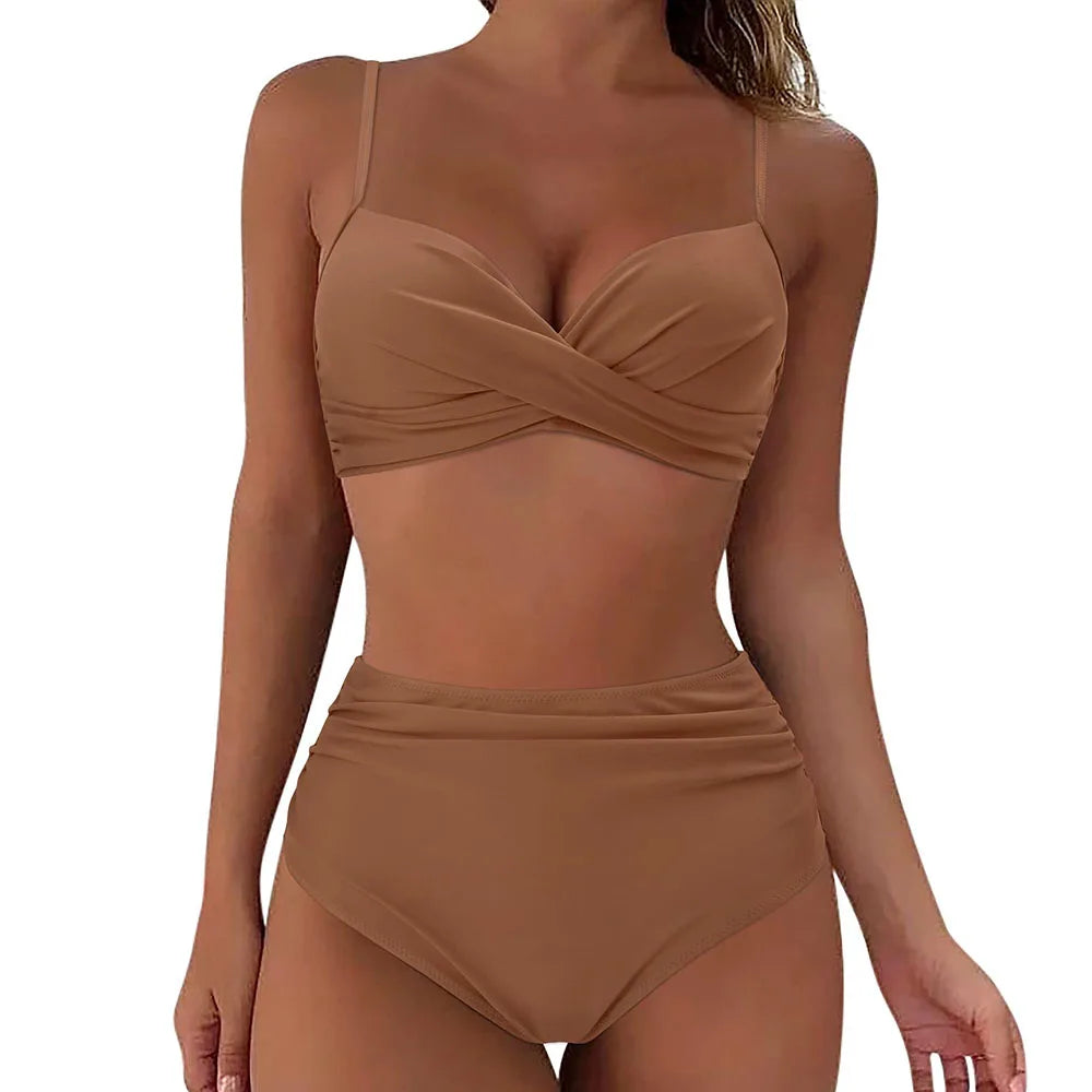 Women's High Waisted Bikini Sets Two Piece Swimsuit Tummy Control Bathing Suit V Neck Swimwear 2025 Swim Suit