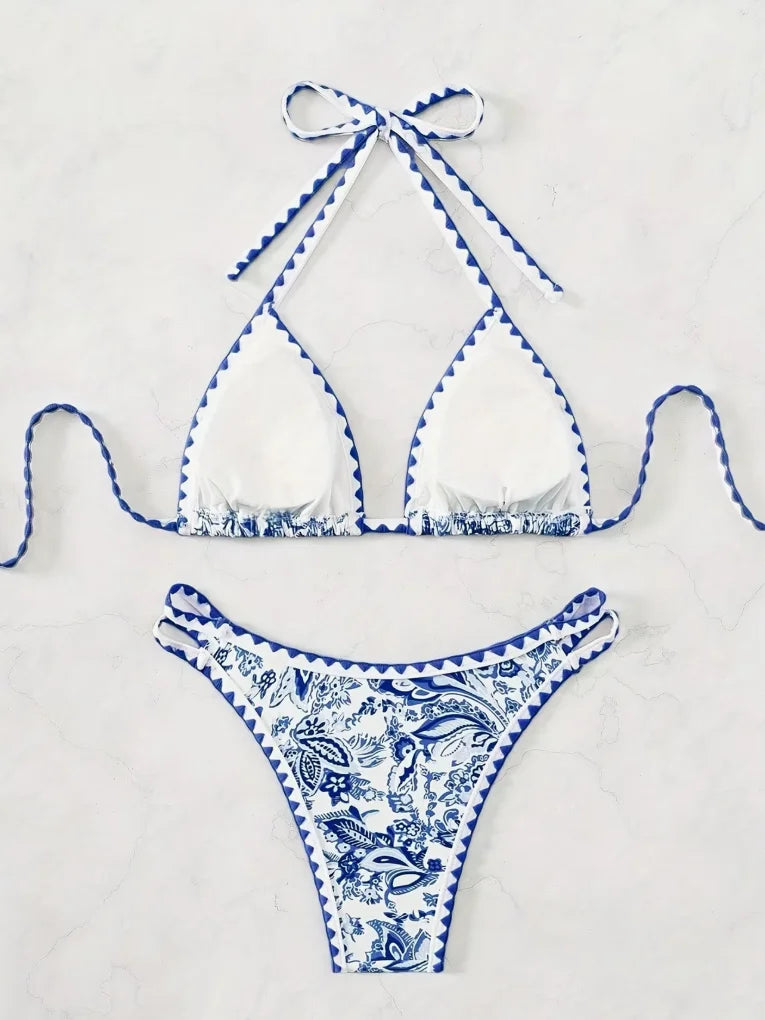 Women's 2pcs Swimsuit Set, Spring/Summer Ethnic-style Bikini with Crushed Floral Pattern