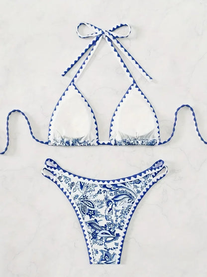 Women's 2pcs Swimsuit Set, Spring/Summer Ethnic-style Bikini with Crushed Floral Pattern