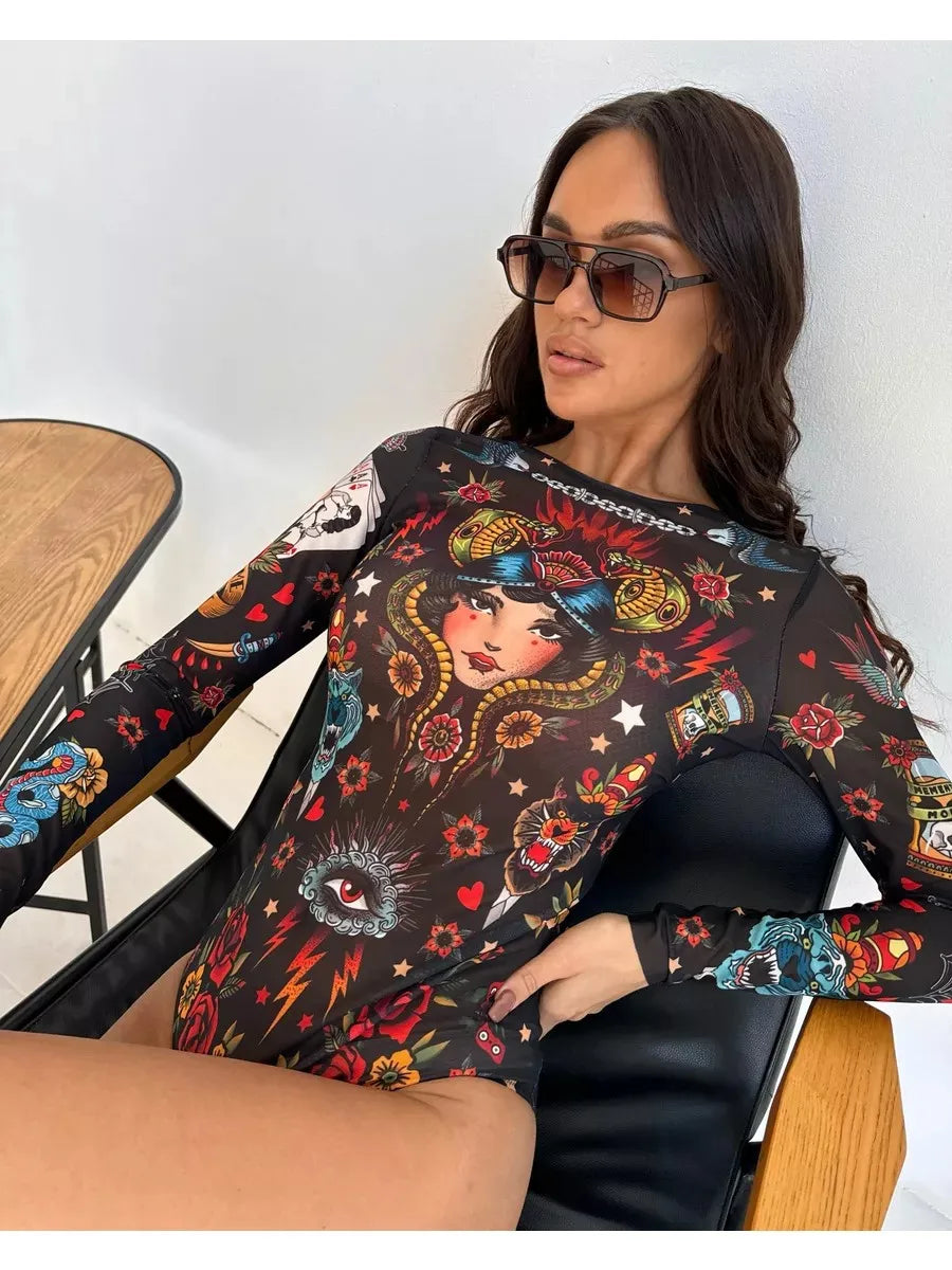 2025 Vintage Print Conservative Surfing Suit for Women,long Sleeve Zipper Round Neck Sunscreen One Piece Swimsuit,beach Bikini