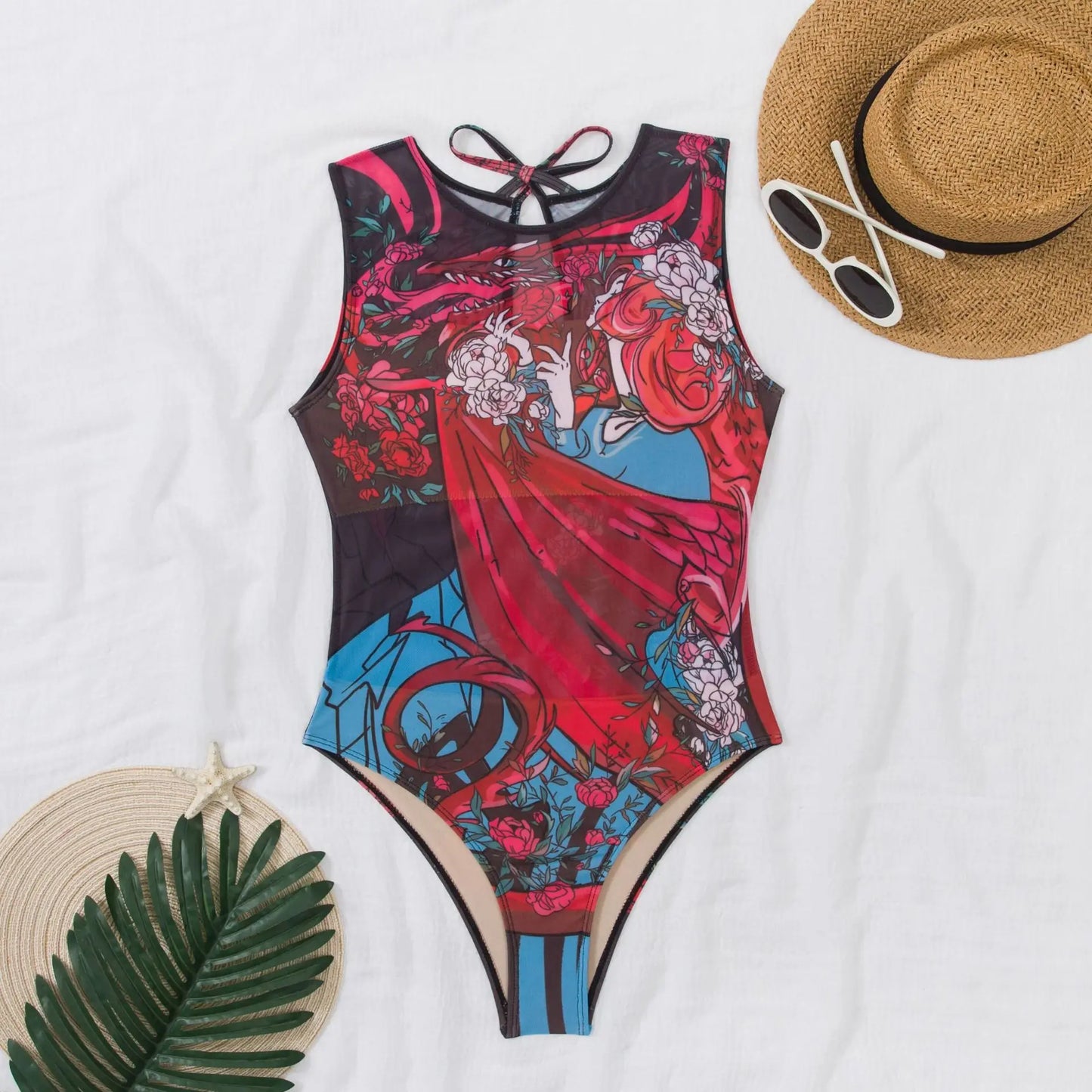 Women's Retro Print Scoop Neck Sleeveless One Piece Swimsuits High Cut Bathing Suits Swimwear Bodysuit
