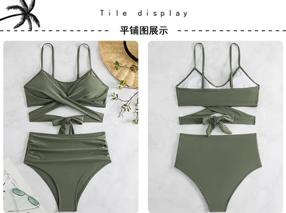 Women's High Waisted Bikini Sets Sporty Two Piece Swimsuits Color Block Cheeky High Cut Bathing Suits