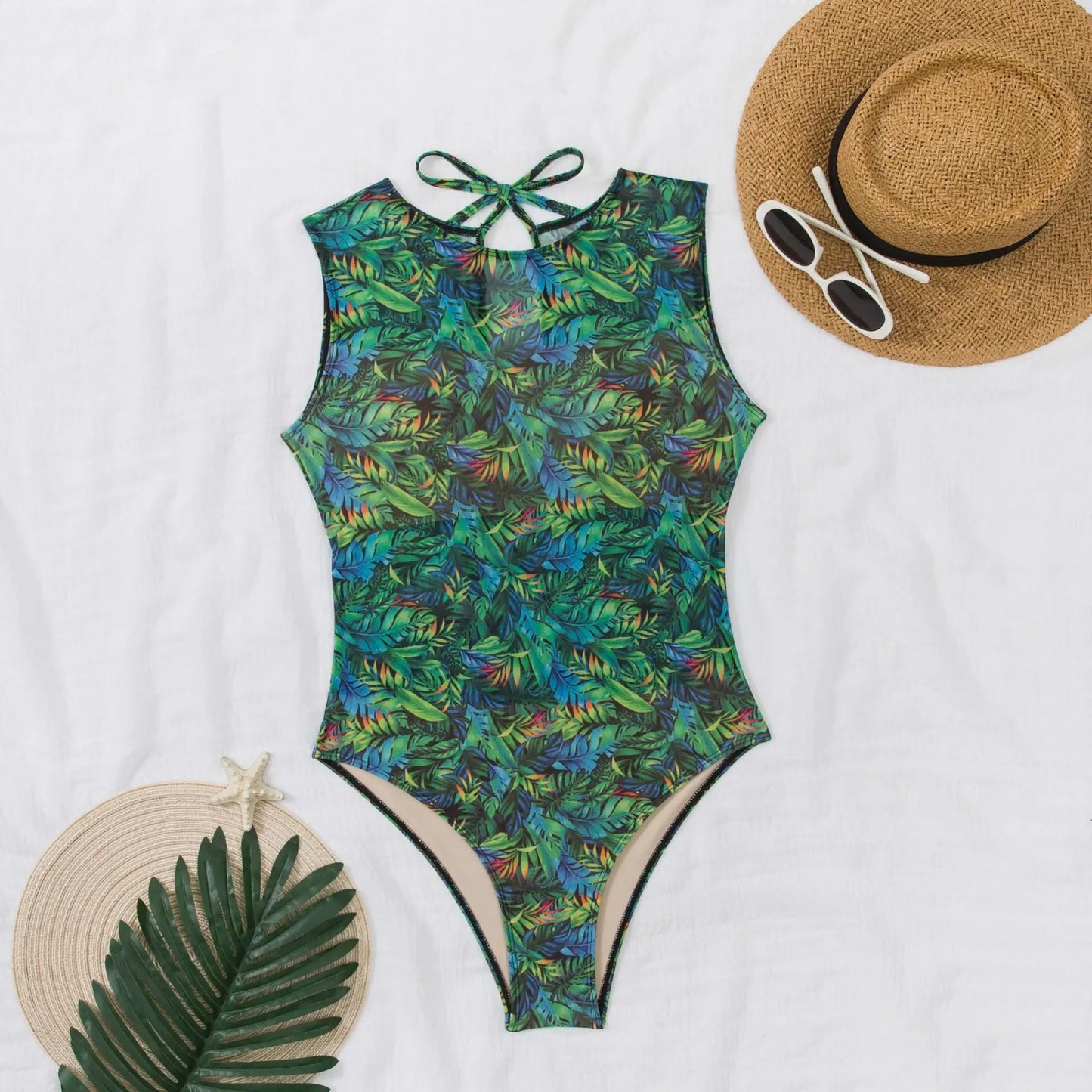 Women's Retro Print Scoop Neck Sleeveless One Piece Swimsuits High Cut Bathing Suits Swimwear Bodysuit