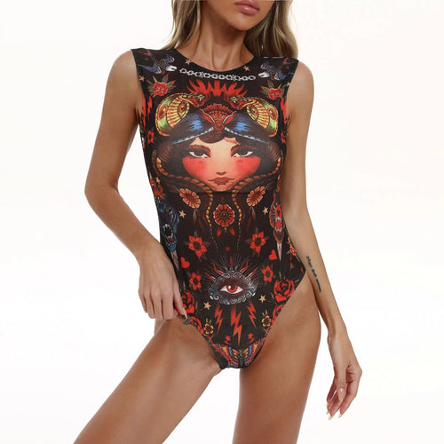 Women's Retro Print Scoop Neck Sleeveless One Piece Swimsuits High Cut Bathing Suits Swimwear Bodysuit