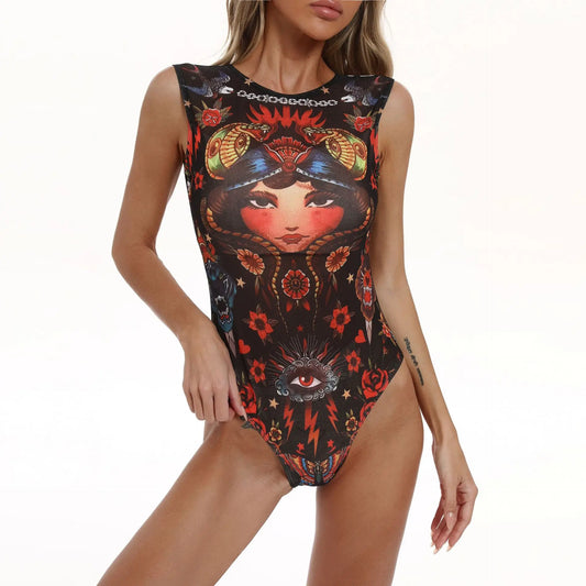 Women's Retro Print Scoop Neck Sleeveless One Piece Swimsuits High Cut Bathing Suits Swimwear Bodysuit