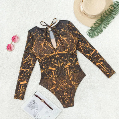 Women's Retro Print Scoop Neck Padded Long Sleeve One Piece Swimsuits High Cut Bathing Suits Swimwear Bodysuit