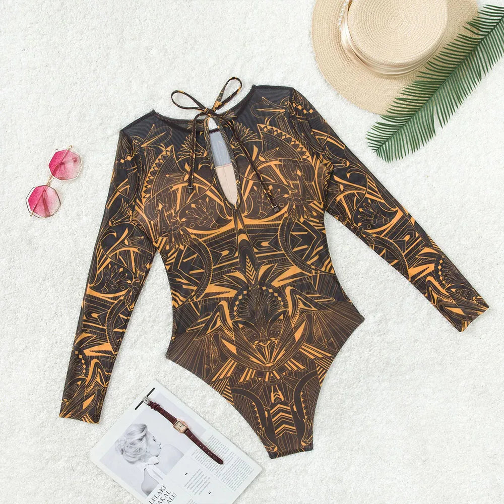 2025 Vintage Print Conservative Surfing Suit for Women,long Sleeve Zipper Round Neck Sunscreen One Piece Swimsuit,beach Bikini