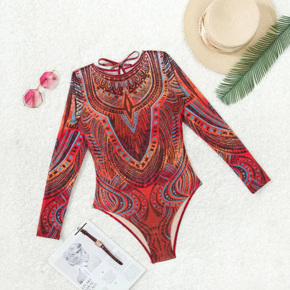 Women's Retro Print Scoop Neck Padded Long Sleeve One Piece Swimsuits High Cut Bathing Suits Swimwear Bodysuit