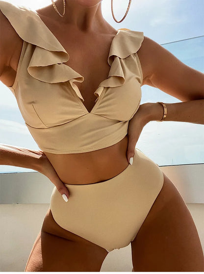 Women's High Waisted Bikini Sets V Neck Ruffle Two Piece Swimsuits Push Up Bathing Suits