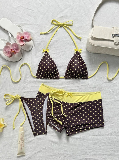 New Spring Summer Women'S Polka Dot Printed Bow V-Neck Backless Triangle Bikini 3pcs Set
