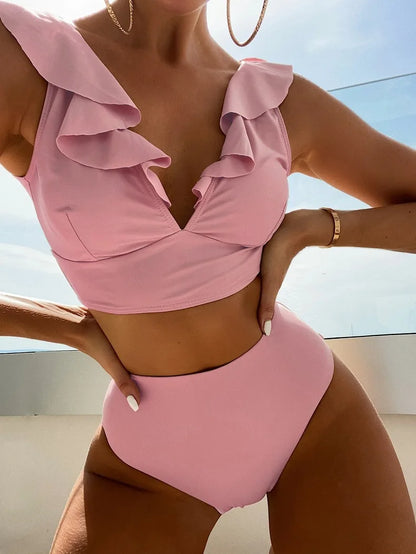 Women's High Waisted Bikini Sets V Neck Ruffle Two Piece Swimsuits Push Up Bathing Suits