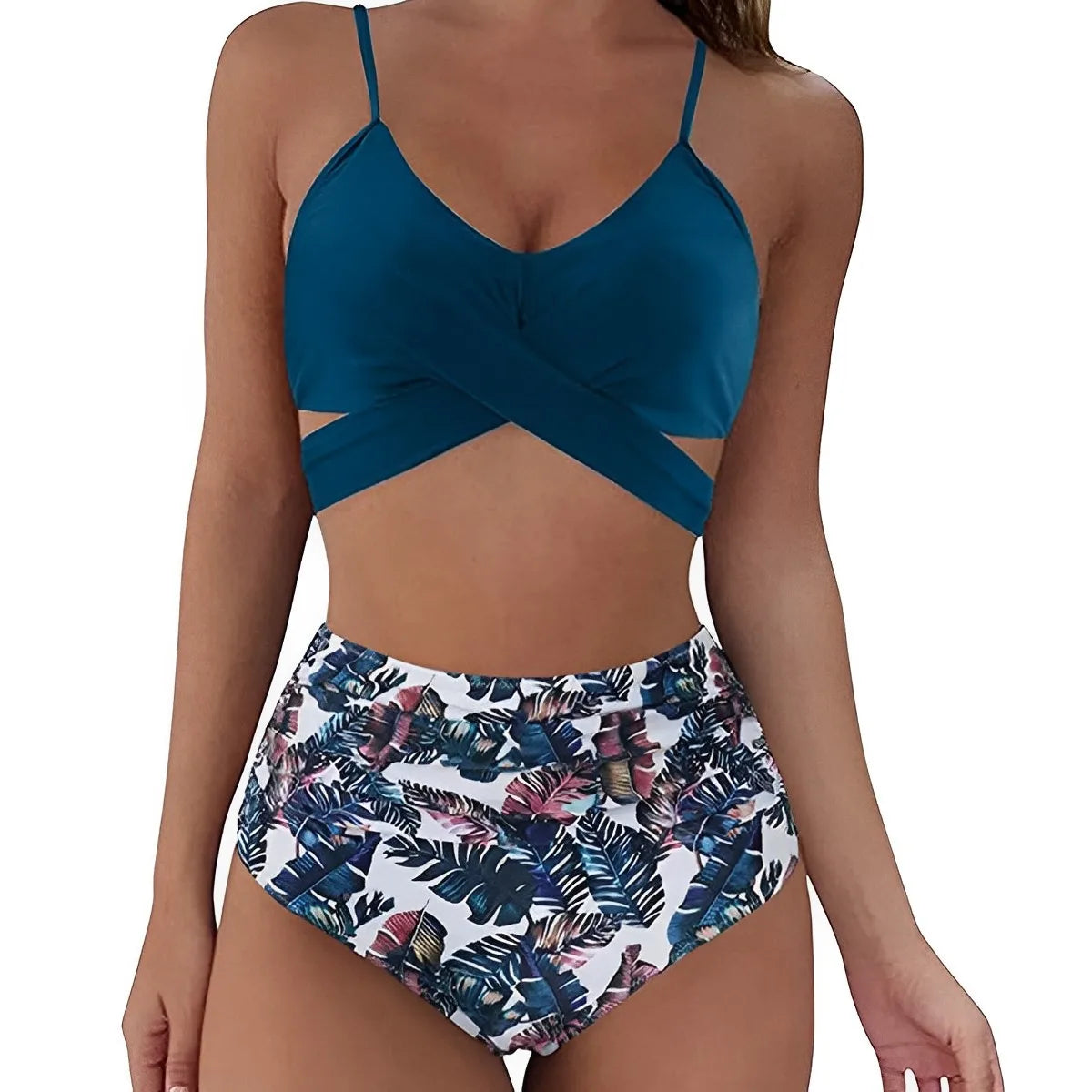 Women's High Waisted Bikini Sets Sporty Two Piece Swimsuits Color Block Cheeky High Cut Bathing Suits