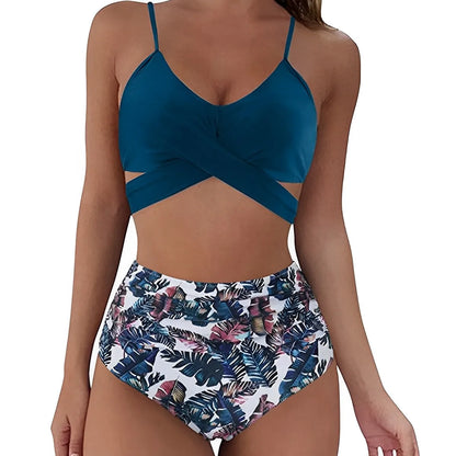 Women's High Waisted Bikini Sets Sporty Two Piece Swimsuits Color Block Cheeky High Cut Bathing Suits