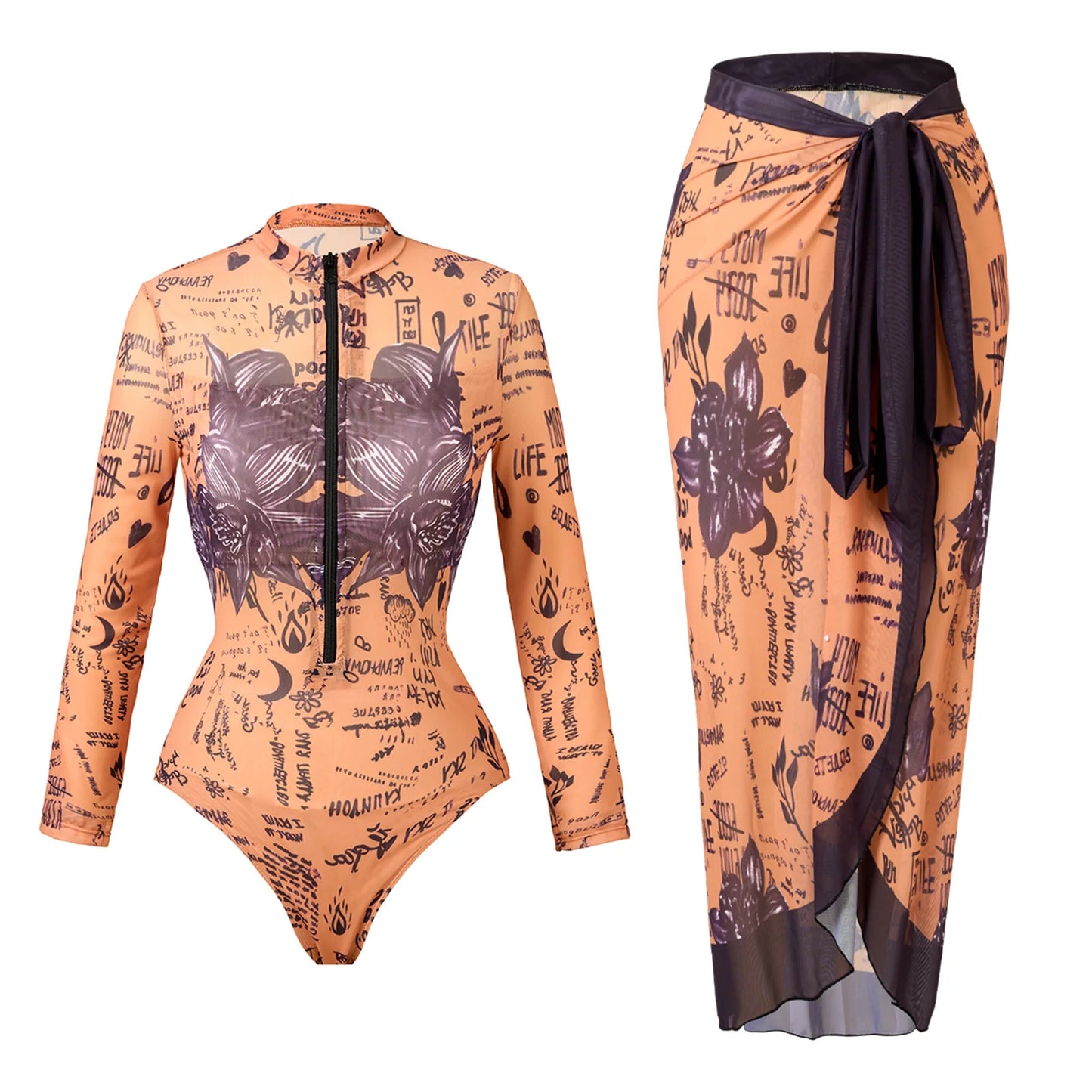 Bikini Bodysuit Swimwear Women With Skirt Bathing Suit Summer New Ruffle Splice Print Beachwear Holiday Bikini Cover Ups Outfits