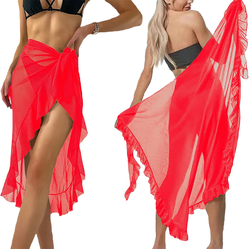 Summer Long&Short Ruffle Sarong Coverups for Women Bathing Suit Wrap Swimsuit Skirt Beach Bikini Cover Up Swimwear