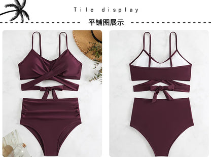 Women's High Waisted Bikini Sets Sporty Two Piece Swimsuits Color Block Cheeky High Cut Bathing Suits