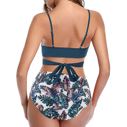 Women's High Waisted Bikini Sets Sporty Two Piece Swimsuits Color Block Cheeky High Cut Bathing Suits