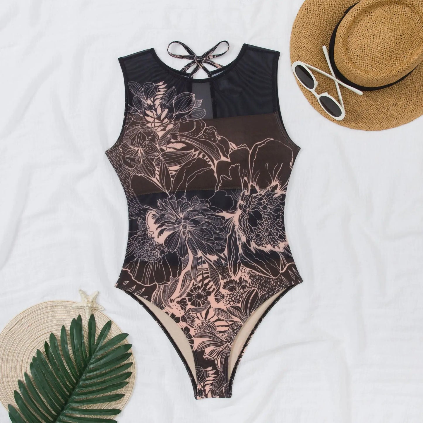 Women's Retro Print Scoop Neck Sleeveless One Piece Swimsuits High Cut Bathing Suits Swimwear Bodysuit