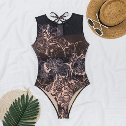 Women's Retro Print Scoop Neck Sleeveless One Piece Swimsuits High Cut Bathing Suits Swimwear Bodysuit