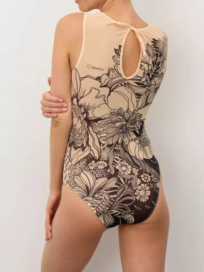 Women's Retro Print Scoop Neck Sleeveless One Piece Swimsuits High Cut Bathing Suits Swimwear Bodysuit