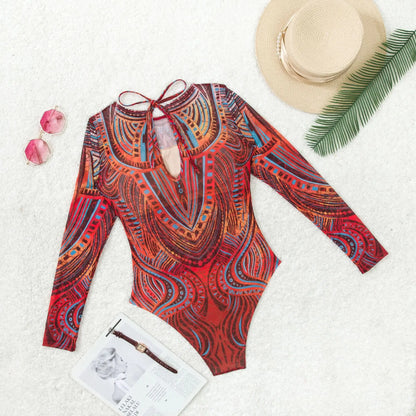Women's Retro Print Scoop Neck Padded Long Sleeve One Piece Swimsuits High Cut Bathing Suits Swimwear Bodysuit