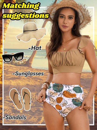 Women 2 Piece High Waisted Bikini Set, Floral Ruffle Tummy Control Swimsuit, Ruched Modest Full Coverage Bathing Suit