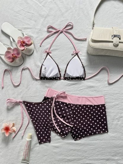 New Spring Summer Women'S Polka Dot Printed Bow V-Neck Backless Triangle Bikini 3pcs Set
