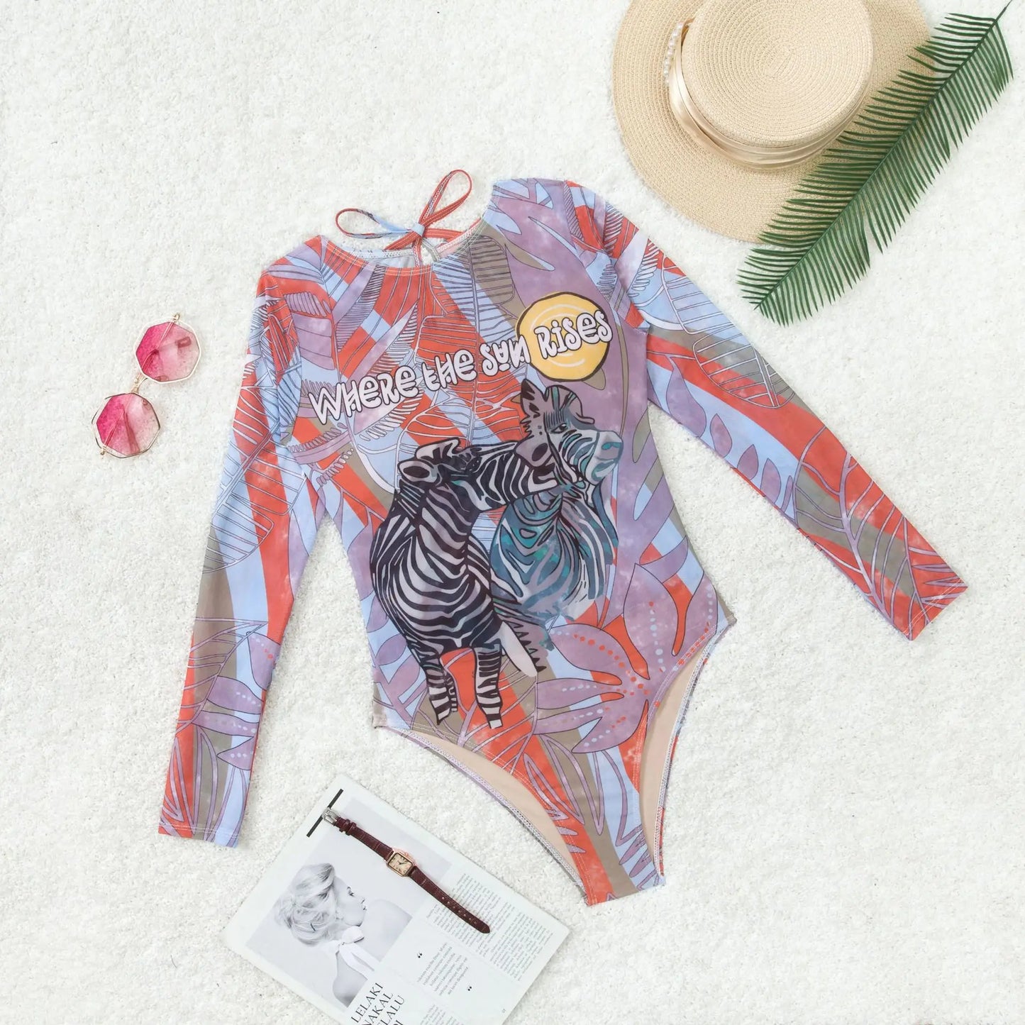 Women's Retro Print Scoop Neck Padded Long Sleeve One Piece Swimsuits High Cut Bathing Suits Swimwear Bodysuit