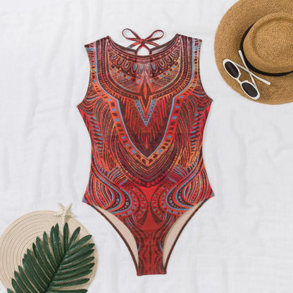 Women's Retro Print Scoop Neck Sleeveless One Piece Swimsuits High Cut Bathing Suits Swimwear Bodysuit