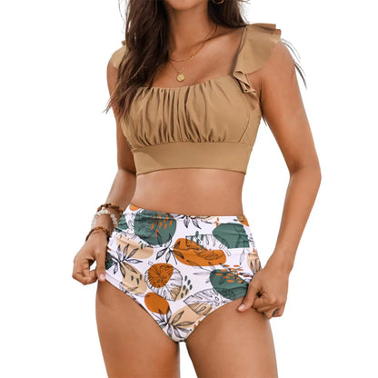 Women 2 Piece High Waisted Bikini Set, Floral Ruffle Tummy Control Swimsuit, Ruched Modest Full Coverage Bathing Suit