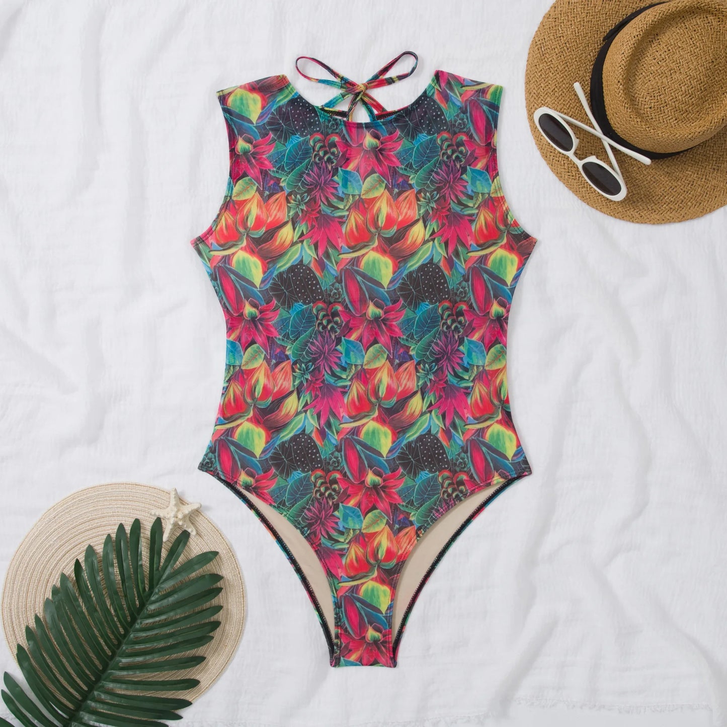 Women's Retro Print Scoop Neck Sleeveless One Piece Swimsuits High Cut Bathing Suits Swimwear Bodysuit