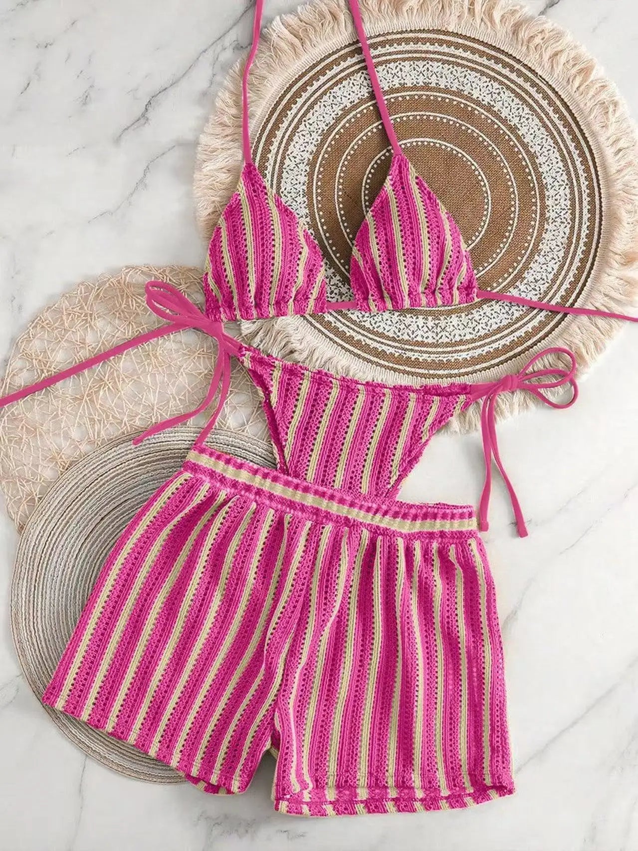 3pcs/Set Bohemian Style Crochet Fabric Drawstring Swimsuit Cover Up Bikini Set For Summer Beach Vacation