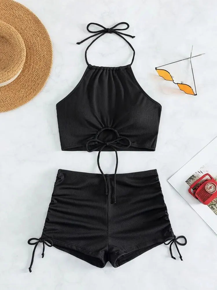 Women's Two Piece Swimsuit Bathing Suit Solid Color Drawstring Side Halter Neck Tankini Set