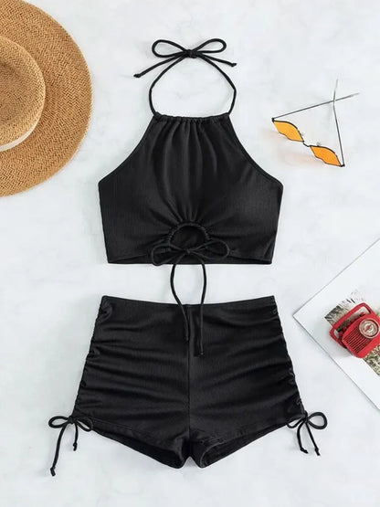 Women's Two Piece Swimsuit Bathing Suit Solid Color Drawstring Side Halter Neck Tankini Set
