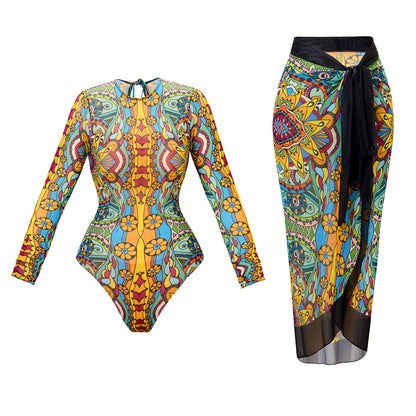 Bikini Bodysuit Swimwear Women With Skirt Bathing Suit Summer New Ruffle Splice Print Beachwear Holiday Bikini Cover Ups Outfits