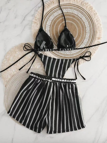 3pcs/Set Bohemian Style Crochet Fabric Drawstring Swimsuit Cover Up Bikini Set For Summer Beach Vacation