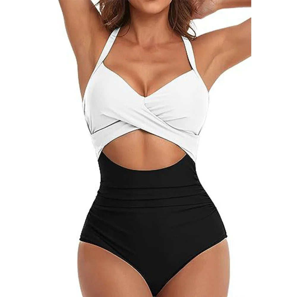 Women's One Piece Swimsuits Tummy Control Cutout High Waisted Bathing Suit Wrap Tie Back 1 Piece Swimsuit