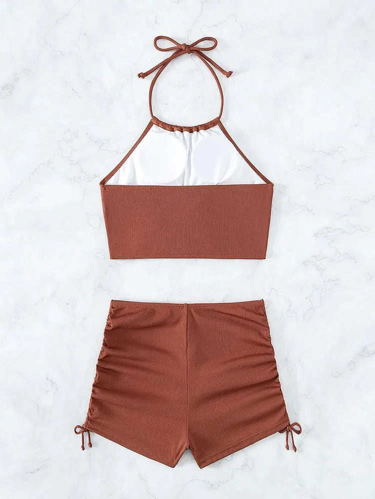 Women's Two Piece Swimsuit Bathing Suit Solid Color Drawstring Side Halter Neck Tankini Set